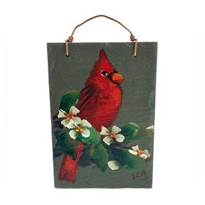 Hand Painted Shingle Art Cardinal Flowers Signed Alabama South Eden Art